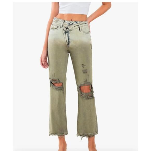Vervet by Flying Monkey Women’s Distressed Jeans Sz 29 Olive Green Straight Leg - Picture 1 of 8